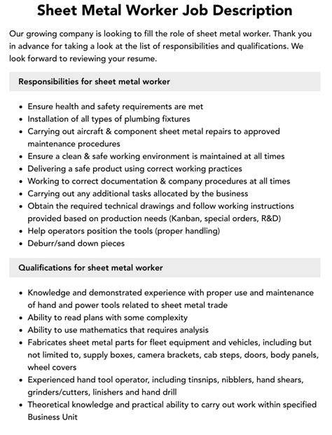 hvac sheet metal installer job description|sheet metal foreman job description.